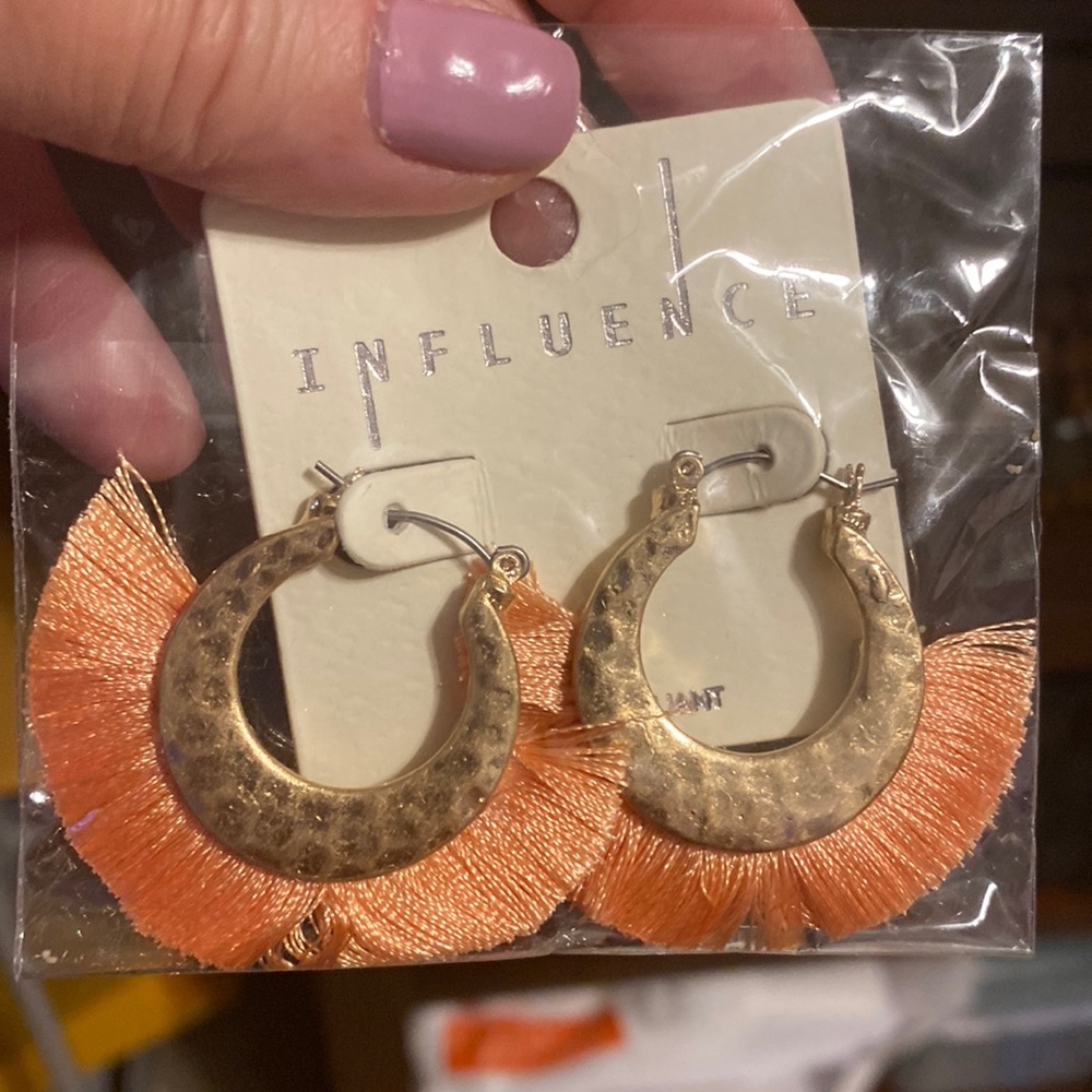 Influence Gold Tone Hammered Hoop Earrings with Orange Tassels New